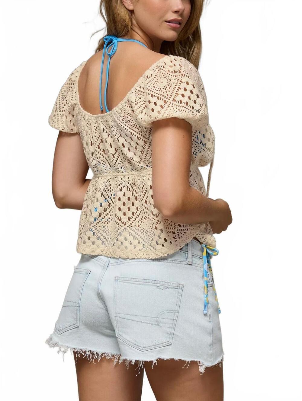 AE Lace Tie-Front Puff Sleeve Tee American Eagle NWT Cream Large - Picture 2 of 7